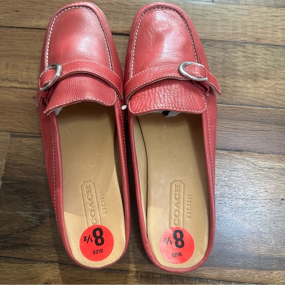 Coach Red Pebbled Leather Silver Logo Loafer Mules 8.5 - Picture 3 of 3